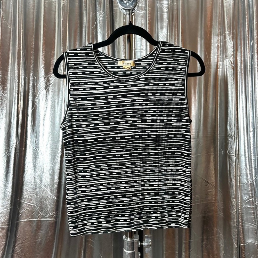 Y2K Plisse Black White Micro Pleated Abstract Print Tank Top